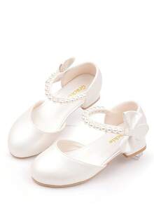 Girls' Princess Shoes White Leather Sandals Spring/Summer New High Heel Shoes With Pearl & Bow, Versatile For Party Dress Matching - White - View 2