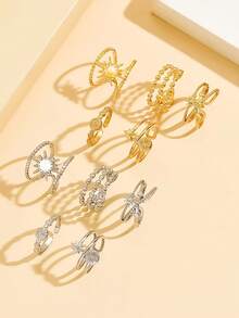 5pcs Vintage Elegant Star Ring Set, Hollow Pearl Chain Open Stainless Steel Rings, Waterproof Non-Fading Jewelry Gift For Women - Star - View 10