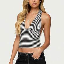 Canotta in maglia senza maniche da donna, design a righe, adatta per l'estate, la spiaggia, le vacanze e l'uso casual quotidiano, colore nero - nero - Visualizzare 15