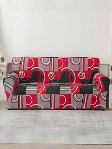 1pc Geometric Pattern Sofa Cover, Abstract Circle Non-Slip Elastic Sofa Slipcover, Red And Gray Contrast Color, Suitable For Sectional Sofa And Loveseat - Red - View 9