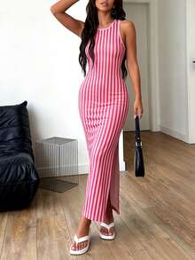 LOVE JOYY Women's Vacation Style Pink Striped Sleeveless Backless Fitted Dress With Side Slit, Summer Casual Holiday Party Daily Wear Long Dress - Rose Red - View 8