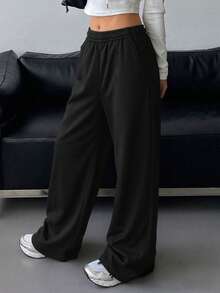 1件装少女休闲直筒保暖裤，适合户外运动和锻炼，时尚简约设计 - 黑色 - 查看 1