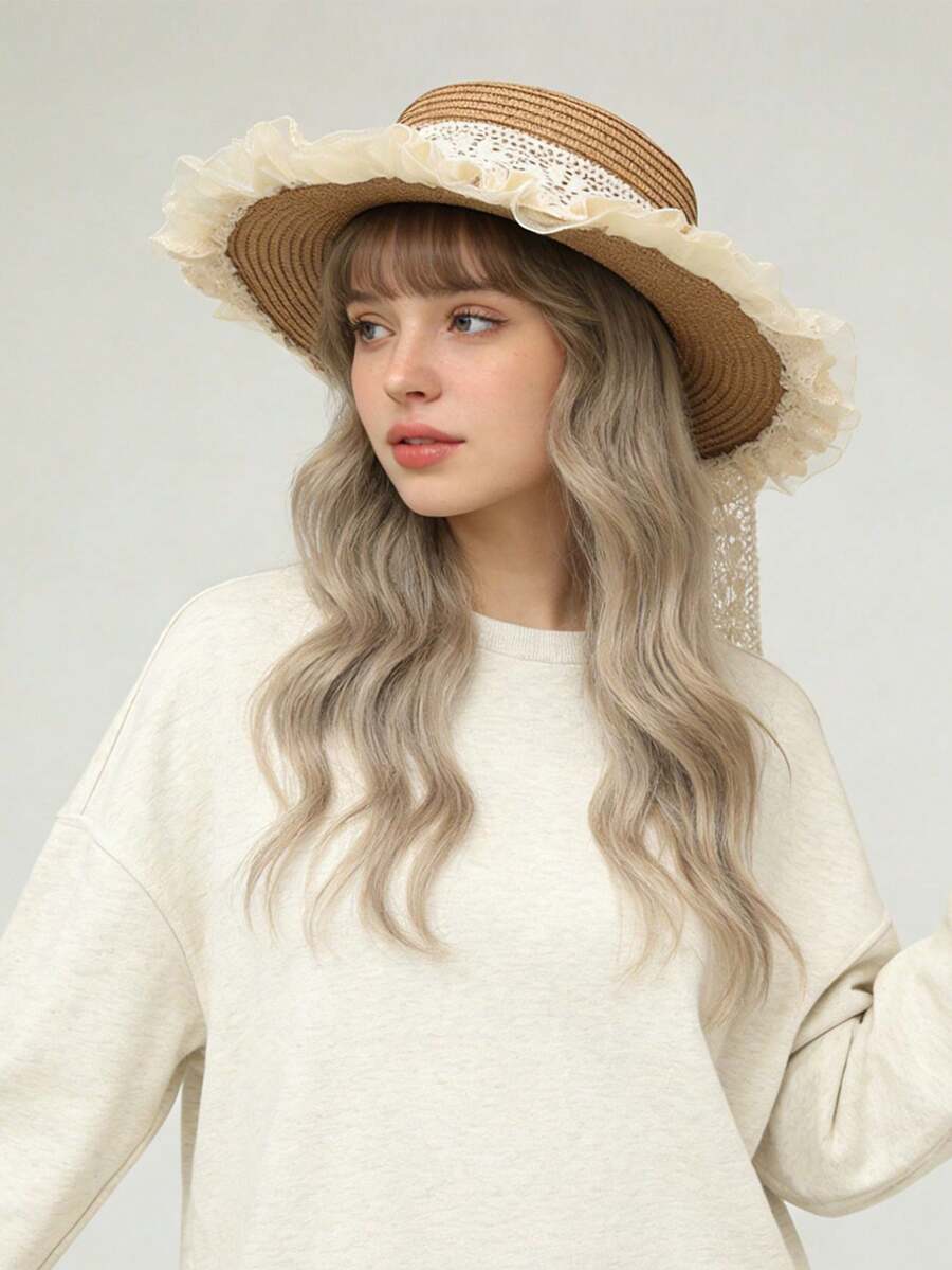 1 pieza Sombrero de paja para mujer, sombrero de paja de estilo bohemio de poliéster, adecuado para uso diario al aire libre, verano, playa - Multicolor - Ver 1