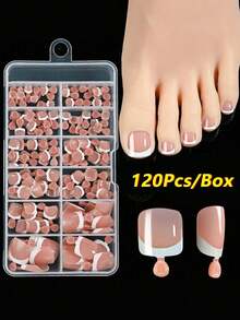 120片法式短款亮面方形多色假脚趾甲贴纸，全覆盖软胶美甲贴纸，可移除奢华美甲贴纸，适合女性和女孩，用于美甲延长、家庭DIY美甲沙龙 - DIY脚趾甲美甲用品 - 白色 - 查看 6