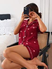 Dreamivo Striped Heart Print Women Short Sleeve Shorts Pajama Set - Red - View 1