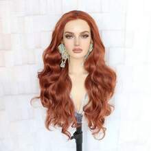 Tóc giả ren phía trước 13x4 không cần keo, dài, màu nâu mật ong và nâu đỏ, tóc giả tổng hợp dành cho nữ, kiểu gợn sóng, màu nâu vàng mật ong và nâu đỏ. - Vàng lanh - Xem 4