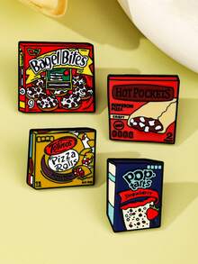 4件套创意逼真食物胸针，包括百吉饼、薯片、热狗、馅饼等美味食品包装造型，卡通风格，生动有趣的配饰别针 - 彩色 - 查看 5