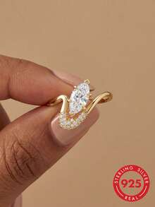 1枚925纯银奢华1克拉锆石马眼形戒指，适合女性日常佩戴，约会之夜礼物，精致珠宝礼品 - 鑽石馬眼戒指-1ct - 查看 1