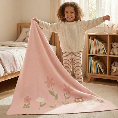 100%纯棉针织毯，新生儿适用，猫头鹰花朵图案，婴儿车毯，婴儿襁褓毯，四季皆宜