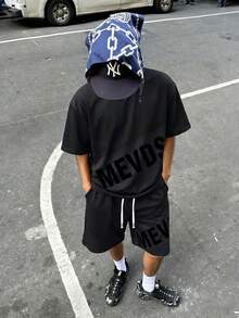 Men's Black Letter Print Short Sleeve Shorts Set, Streetwear Drawstring Casual 2-Piece Outfit, Comfortable Summer Sports Suit - Black - View 1