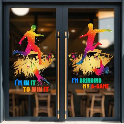 1pc/2pcs Football Player Running With Ball Field Window Decal, Removable Static Cling Sticker, Double-Sided Visible Glass Sticker, Decorate Living Room, Bedroom, Dining Room, Study, Bathroom Windows