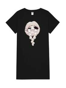 Women's Plus Size Summer Western Style T-Shirt Dress, Pearl Heart Love Graphic, Milk Fiber Casual Crew Neck Dress For Rodeo & Country Outfits - 黑色 - 查看 3