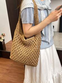 Dedoo Túi đan rơm thủ công dành cho nữ, kiểu dáng mới, dung tích lớn, thích hợp đi biển, nghỉ mát, đeo vai, bán sỉ. - Màu Khaki - Xem 4