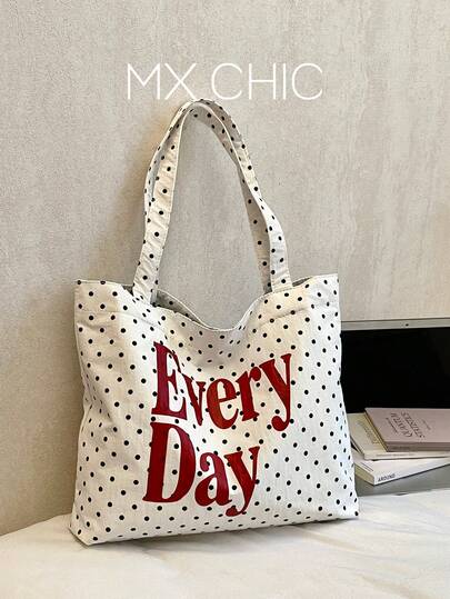 1pc Women's Solid Color Nylon Large Capacity Shoulder Tote Bag, Fashionable Printed, Lightweight & Foldable, Suitable For College Students, Vacation, Travel, Daily Use