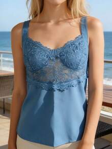 Women's Lace Patchwork Tank Tops Summer Fashionable V Neck Ruffle Hem Going Out Vest - Blue - View 4