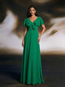 Smilprince 长款绿色伴娘礼服，V领，荷叶边袖，梭织面料 - 綠色 - 查看 6