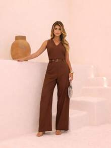 Linen Set With Wide-Leg Pants And V-Neck - Rust Brown - View 1