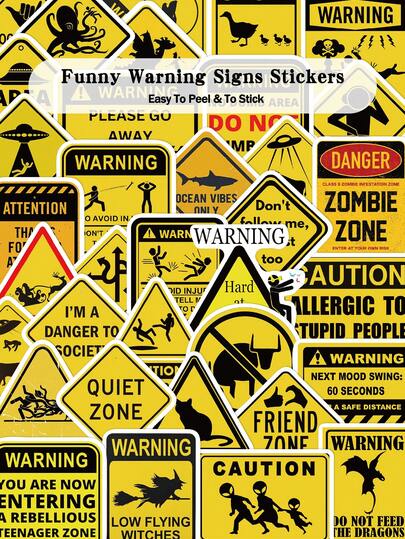 53张趣味警告标志贴纸，适用于笔记本电脑、行李箱、储物盒、滑板、户外装饰、DIY、涂鸦贴纸