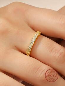 1pc S925 Silver Minimalist Zirconia Ring, Luxury Daily Wear Gift For Women - Gold - View 3