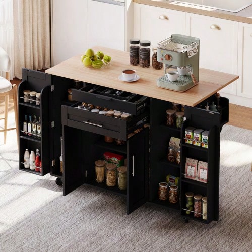 120*45cm, Mobile Kitchen Island, Kitchen Trolley, Extendable Worktop Up To 70cm, Concealed Cutlery Drawer, Adjustable Shelves, Spice Rack And Towel Rail, Suitable For Kitchen, Dining Room Or Living Room - Black - View 1