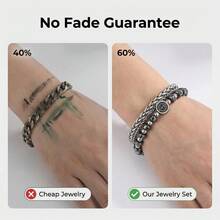 20厘米可调节指南针串珠手链，重型不锈钢双排航海方向盘手链，男士银色不锈钢双层链耐用不锈钢双层手链，适合送给朋友和爱人 - 銀色 - 查看 4