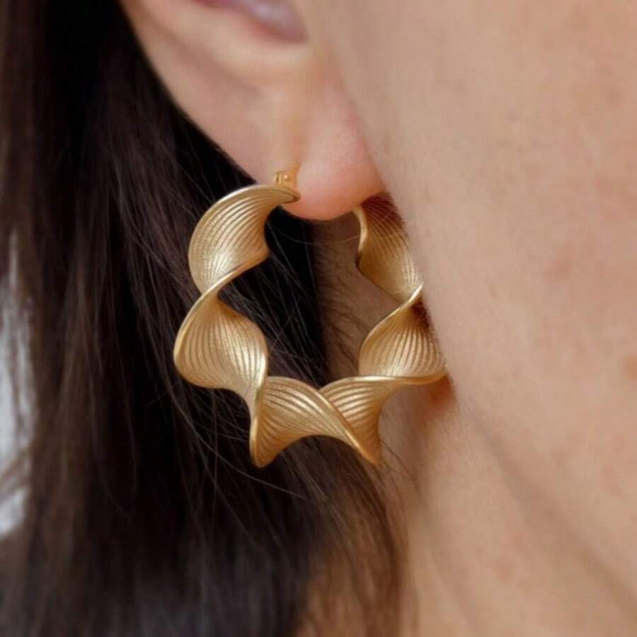 Vintage Twisted Golden Earrings, Handcrafted Copper Art, Fashionable Women's Earrings - Gold - View 1