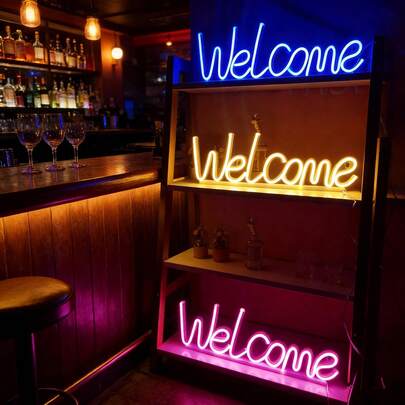 1 đèn LED chữ "Welcome" trang trí tường, dùng pin/USB, ánh sáng dịu nhẹ cho quán bar, cửa hàng, phòng ngủ, phòng khách, không gian lãng mạn, trang trí tiệc.