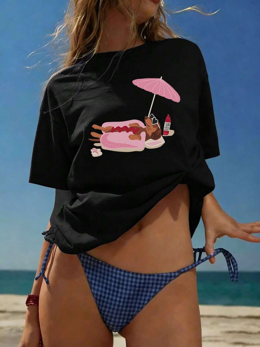 女款夏季新款海灘曬陽光臘腸狗印花休閒度假寬鬆百搭圓領米色短袖T恤黑色