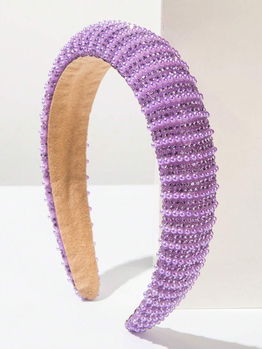 1pc Elegant Geometric Pattern Rhinestone & Pearl Headband, Bright Color Minimalist Chic Headpiece, Suitable For Girls Outdoor Travel Beach, Summer,Festival,Birthday - Purple - View 1