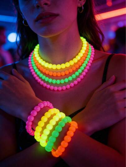 8pcs Glow In The Dark Necklace And Bracelet Set, Colorful Luminous Necklaces And Bracelets For Rave, 80s Party, Carnival, Concerts, Night Events