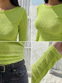 Camiseta de manga larga con cuello de barco, textura semitransparente y fruncido, estilo casual, adecuada para vacaciones y uso diario, primavera/verano - Verde Lima - Ver 8