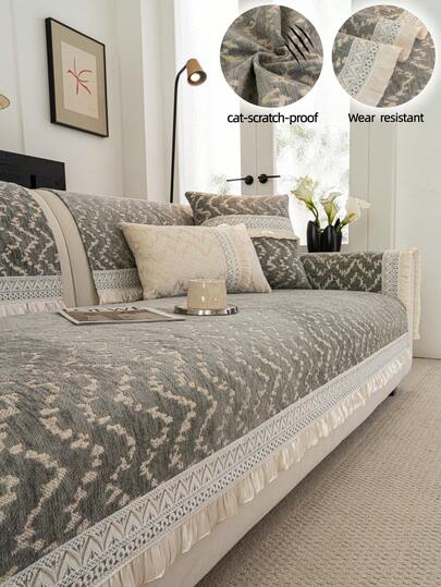 1pc Chenille Sofa Cushion Cover, Luxury French Style, 4-Season Universal, Non-Slip Fitted Sofa Slipcover, Elegant Lace Trim, Breathable & Comfortable, Protects Sofa, Machine Washable, Non-Deforming, Fade-Resistant, Durable & Wear-Resistant, Anti-Slip & Anti-Pet Scratch, Dust & Stain Proof, Sofa Makeover, Sofa Decor, Enhances Ambiance, Fits 1-4 Seater, L-Shaped Sofa
