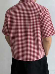 WAIT HIM Áo sơ mi nam tay ngắn kẻ caro dáng rộng, thích hợp mặc đi làm. - Đỏ và trắng - Xem 3