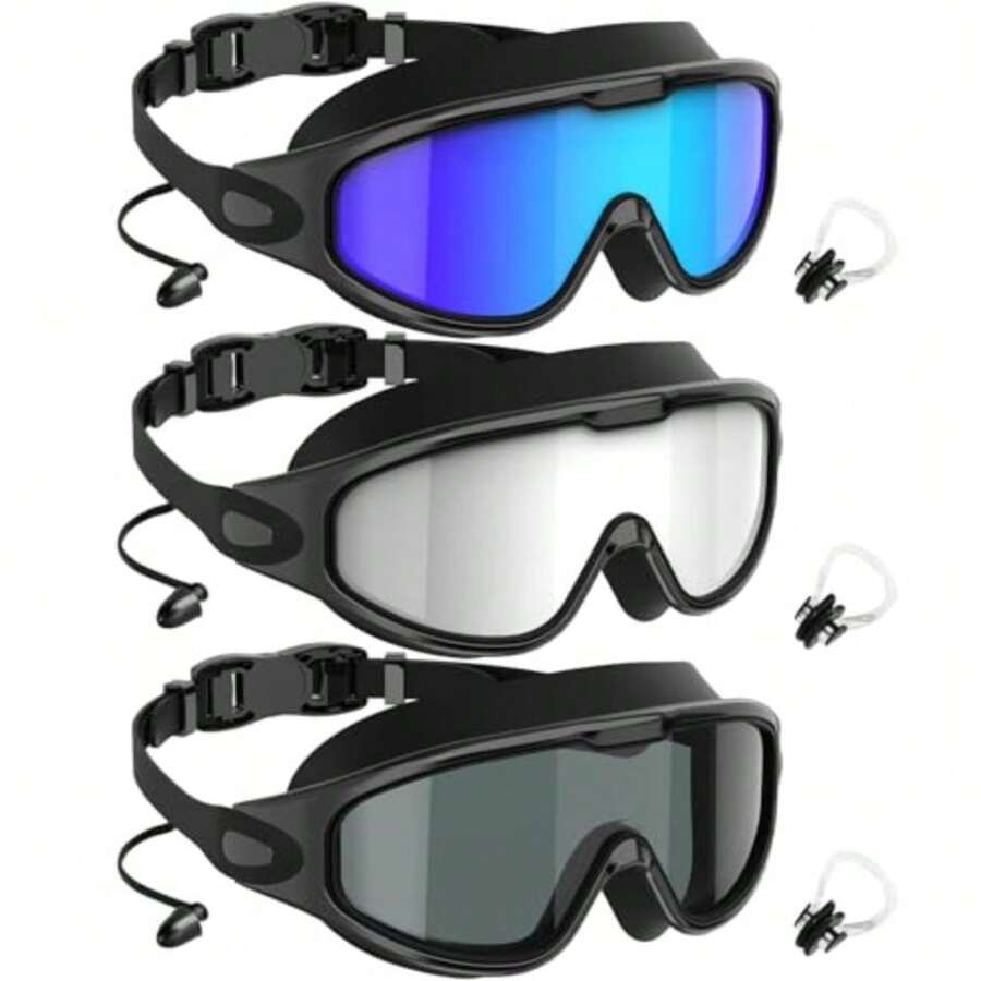 NSSIW Goggles Swimming Adult Swim-Goggles: Wide View with UV400 Protection Anti Fog No Leak for Men and Women 3 Pack - 06 Azul Plata Gris - Ver 1
