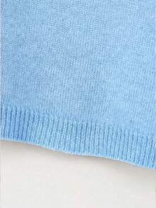 FOR BEAUTY Spring/Summer New Round Neck Short Sleeve Blue Knit Sweater, Loose Cropped Style, Minimalist Commuter Chic Pullover, Half Sleeve Crop Top, Suitable For Casual, Work, Outing, Holiday Wear - Light Blue - View 7