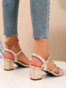 Damen Gold High Heel Sandalen, runde Zehenform, modische gewebte Riemen, hoher Absatz, feenhafter Sommerstil, vielseitig, weiche Sohle, Outdoor-Outfit, Ein-Riemen Gold High Heel Sandalen, offene Zehenform Gold High Heel Sandalen für Party, Bankett, Tanz - Gold - Übersicht 6