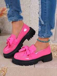 Women's Bow Tie Loafers, Leather Round Toe Slip-On Thick Sole Dress Shoes - Pink - View 4