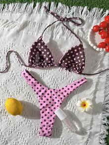 Bộ bikini gợi cảm dành cho nữ, kiểu dáng retro dễ thương với họa tiết hoa nhí, bikini tam giác có thể mặc hai mặt, đồ bơi đi biển, nghỉ mát, màu hồng mùa hè. - Hồng - Xem 8