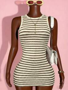 LovelyWholesale Women'S Elegant Round Neck Striped Patchwork Bodycon Mini Summer Dress For Women - Apricot - View 1