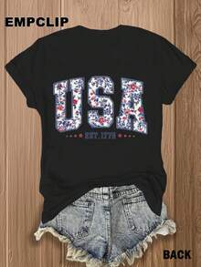 Double-Sided Printed Women'S T-Shirt - Patriotic Floral & "USA" Design In Wine Red With Blue & White Flowers - Casual Summer Wear |   Perfect For July 4Th Celebrations & Everyday Outfits | Stylish Women'S Tee With Distressed Denim Set, Ladies T ShirtsLoose Fit Benito Bowl,Big Game, Football Fast Delivery Women'S Casual And Stylish Short-Sleeved Printed Shirt/T-Shirt, Breathable, Suitable For Outdoor Sports, Everyday Wear, Birthday Gifts, Christmas Gifts, Halloween Gifts, Or As A Commemorative Shirt For Friends Or Loved Ones. Also Suitable As A Pullover - 黑色 - 查看 3