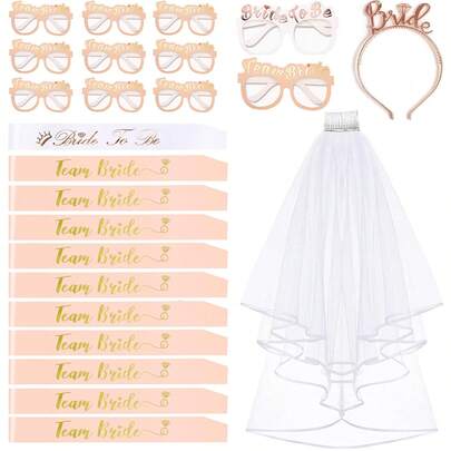 24 PCS Hen Party Accessories, 11 Bride Sash + 11 Hen Party Glasses + 1 Hen Party Veil + 1 Bride To Be Tiara, Hen Do Accessories, Hen Night Accessories Decoration