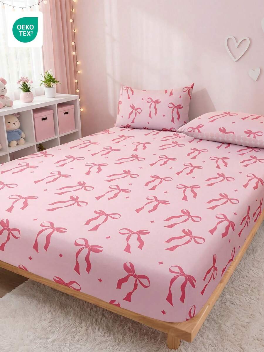 1 pieza Sábana ajustable, Ropa de cama, Protector de colchón, Cubrecama, Sábana ajustable, Textil para el hogar cómodo, Protector de colchón transpirable y antipelusas, Cubrecama con estampado de lazos rosas, Decoración del hogar, Apto para todos los tamaños de cama - Individual, Doble, Queen, King, Para todas las estaciones, Cubrecama a prueba de polvo, Excluye almohada y funda de almohada.