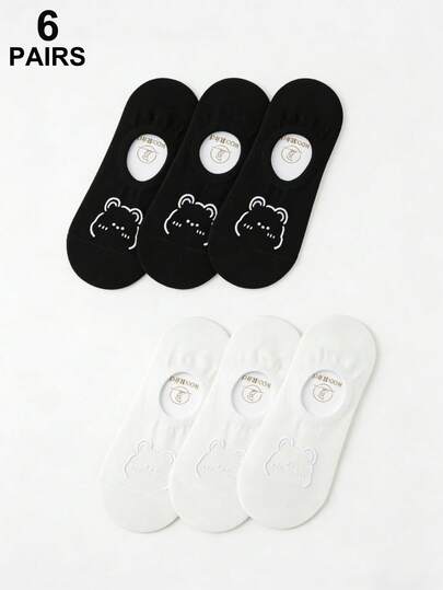 6 đôi tất nữ hình gấu hoạt hình, thiết kế nông, ôm sát bàn chân, chống trơn trượt, thoáng khí và nhẹ, thích hợp cho mùa hè, đi làm, đi học hoặc mặc thường ngày.