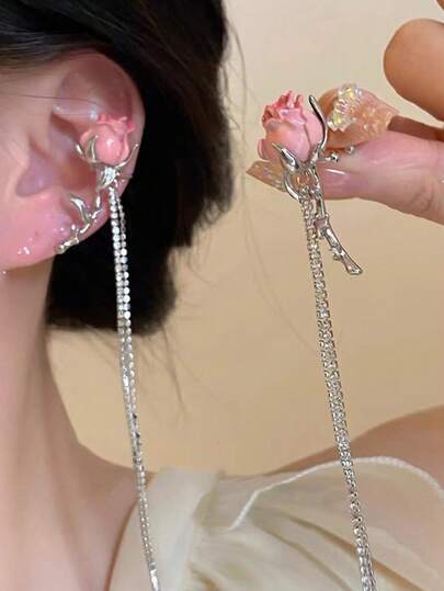 2 piezas Pendientes de clip con borla de rosa romántica de moda, pendientes de clip de metal con diamante de imitación plateado, adecuados para uso diario, fiesta, vacaciones, citas, regalo diario de mujer