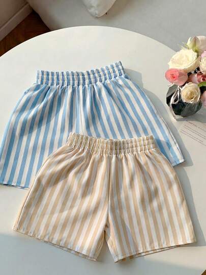 2pcs/Set Young Girl' Striped Shorts Set, Casual Home Shorts, Pink White/Blue White Vertical Stripe