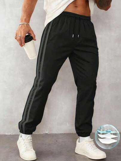 1pc Men's Outdoor Sports Pants, Casual Loose Fit Lightweight Training Trousers For Running, Hiking, Daily Commute, Summer Beach, Versatile Striped Ankle-Length Jogger Spring