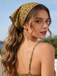 1件时尚波西米亚风碎花蕾丝花边发带，适合日常佩戴，夏季发饰，沙滩发带，女士头巾，假日旅行 - 黃色 - 查看 2