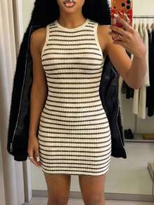 LovelyWholesale Women'S Elegant Round Neck Striped Patchwork Bodycon Mini Summer Dress For Women - Apricot - View 5