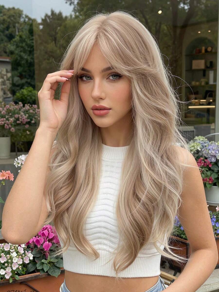 Peluca sintética de 24 pulgadas de lino dorado - resistente al calor, suave, rizada para uso diario, cosplay y estilo de moda - fácil de usar y peinar, perfecta para la elegancia diaria y las mamás, peluca de cabello sintético resistente al calor y de colores vivos para cosplay de larga duración - Lino Dorado - Ver 1