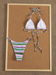 Bộ bikini nữ gợi cảm, tối giản, cao cấp, quyến rũ, kiểu dáng cá tính, thích hợp cho kỳ nghỉ, du lịch biển, tiệc tùng, họa tiết sọc toàn thân, kiểu buộc dây cổ, hàng mới về mùa xuân/hè. - Nhiều màu - Xem 3